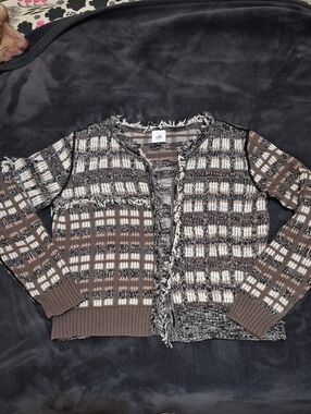 Textured Plaid Fringe Cardigan in Brown, Cream & Black